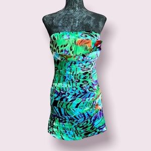 Snap Strapless Pleated Mini Sheath Colorful Leopard and Floral Dress